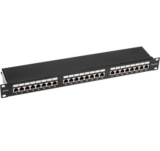 Панель коммутационная Rexant Pro 02-0041 19 дюймов 1U STP RJ-45 CAT 5e 24 порта с кабельными органайзерами