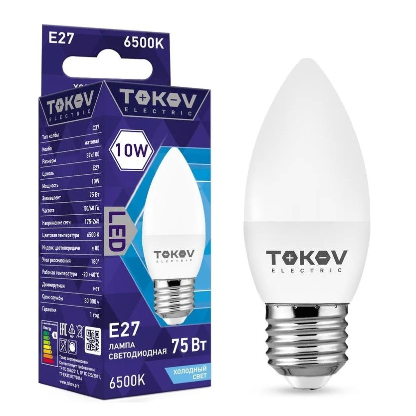 Лампа светодиодная Tokov Electric TKE-C37-E27-10-6.5K 10Вт С37 6500К Е27 176-264В
