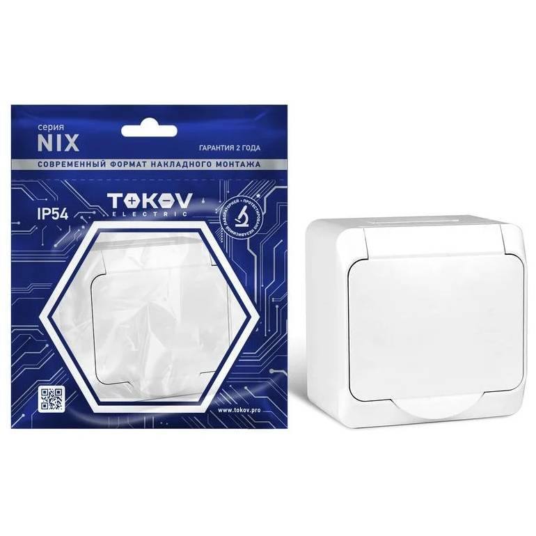 Розетка одноместная Tokov Electric ОП Nix TKE-NX-R1Z-C01-IP54 с заземлением с крышкой белая 16А IP54 250В