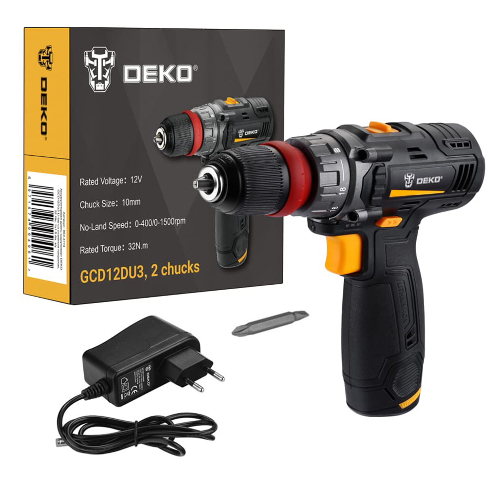 Дрель-шуруповерт Deko GCD12DU3 аккумуляторная 1х1,5 Ач со съемным патроном