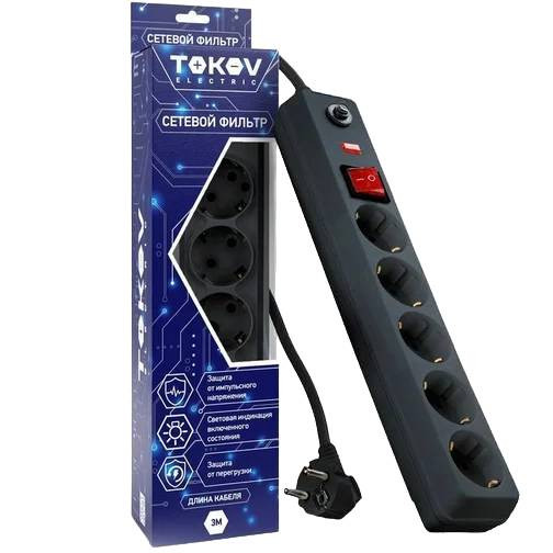 Удлинитель с сетевым фильтром Tokov Electric TKE-C06-SF5-3-ZV 3 м 5 розеток с заземлением и выключателем серый