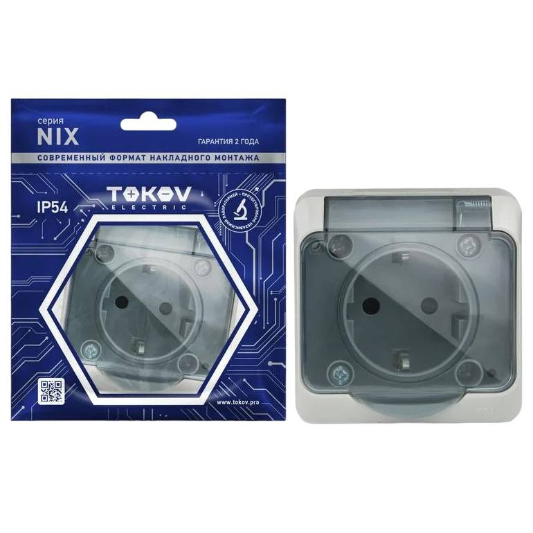 Розетка одноместная Tokov Electric ОП Nix TKE-NX-R1Z-C06T-IP54 с заземлением с прозрачной крышкой серая 16А IP54 250В