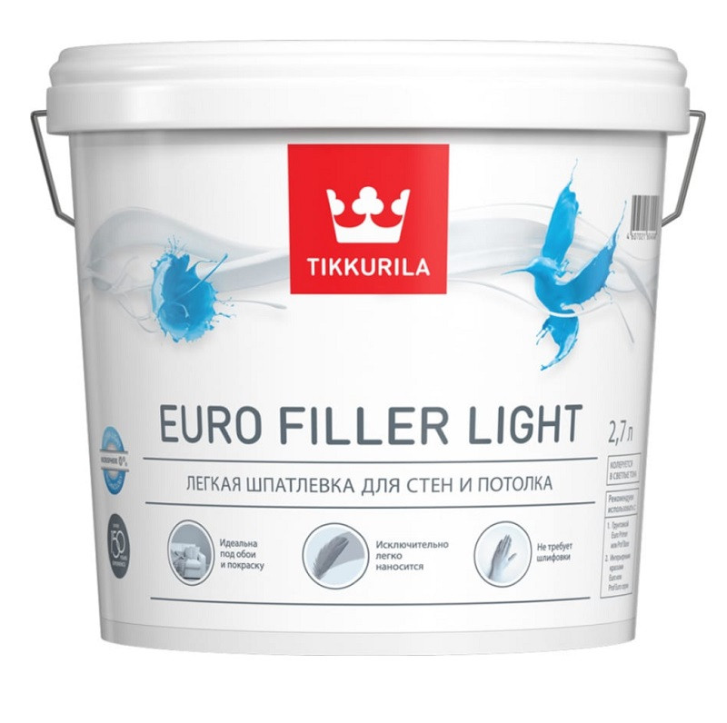 Шпатлевка финишная легкая Tikkurila Euro Filler Light для стен и потолков 2,7 л