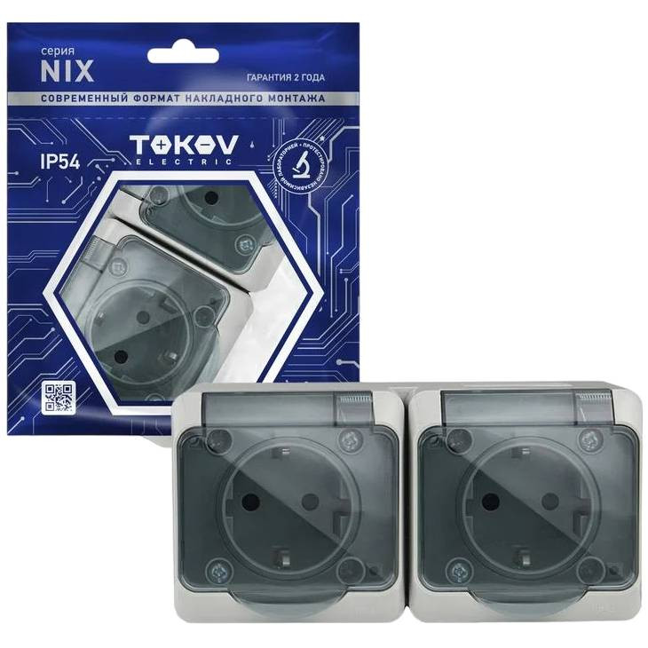 Розетка двухместная Tokov Electric ОП Nix TKE-NX-R2Z-C06T-IP54 с заземлением с прозрачной крышкой серая 16А IP54 250В