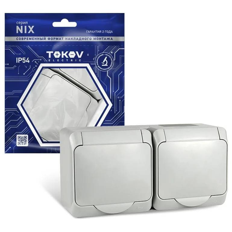 Розетка двухместная Tokov Electric ОП Nix TKE-NX-R2Z-C06-IP54 с заземлением с крышкой серая 16А IP54 250В