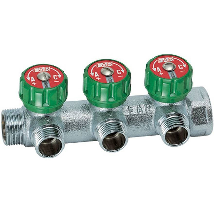Коллектор FAR Multifar FK 3822 134 1х3/4 дюйма 3 выхода под евроконус с регулирующими клапанами