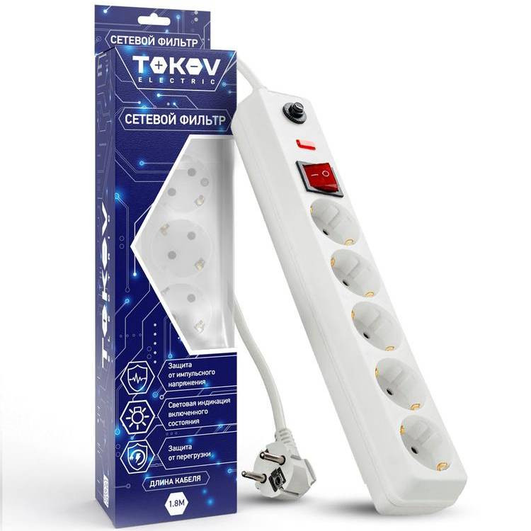 Удлинитель с сетевым фильтром Tokov Electric TKE-C01-SF5-1.8-ZV 1,8 м 5 розеток с заземлением и выключателем белый