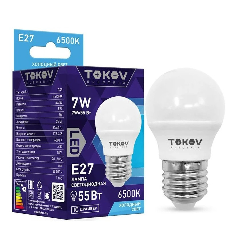 Лампа светодиодная Tokov Electric TKE-G45-E27-7-6.5K 7Вт G45 6500К Е27 176-264В