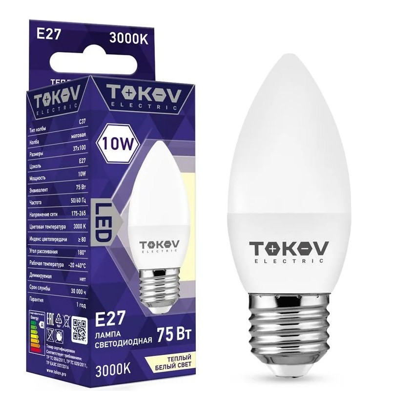 Лампа светодиодная Tokov Electric TKE-C37-E27-10-3K 10Вт С37 3000К Е27 176-264В