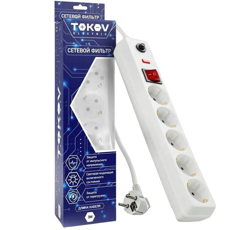 Удлинитель с сетевым фильтром Tokov Electric TKE-C01-SF5-3-ZV 3 м 5 розеток с заземлением и выключателем белый
