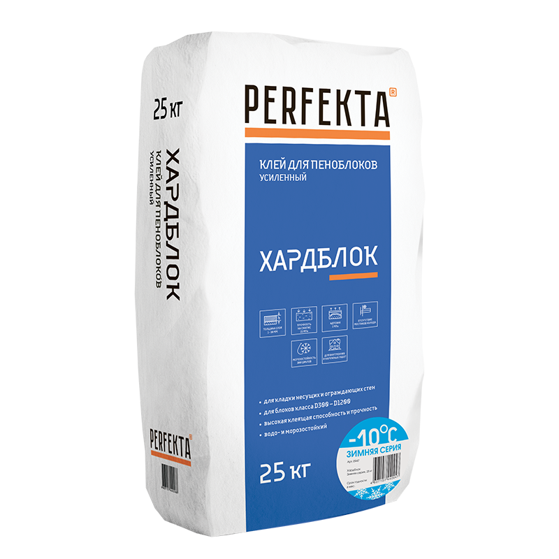 Клей для пеноблоков усиленный Perfekta Хардблок Зимняя серия 25 кг