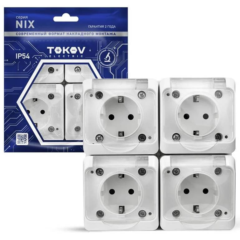 Розетка четырехместная Tokov Electric ОП Nix TKE-NX-R4Z-C01T-IP54 с заземлением с прозрачной крышкой белая 16А IP54 250В