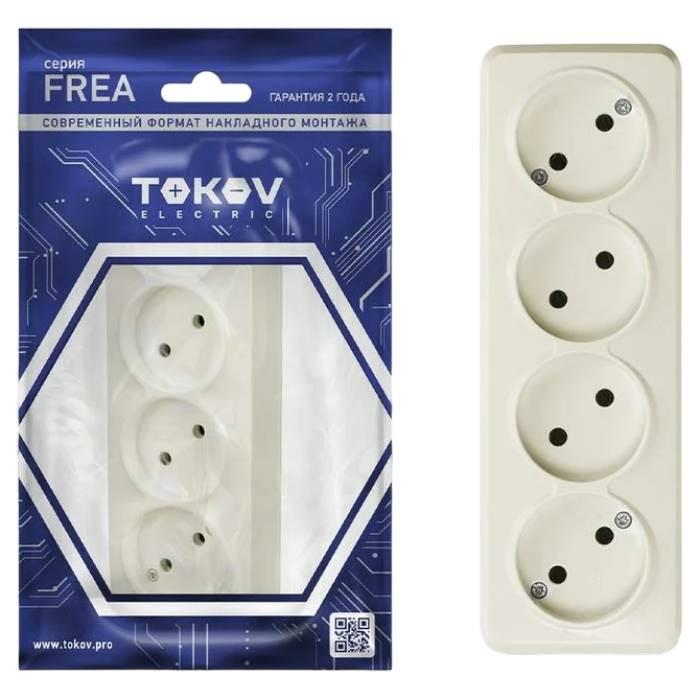 Розетка четырехместная Tokov Electric ОП Frea TKE-FR-R4-C02 без заземления бежевая 16А IP20 250В