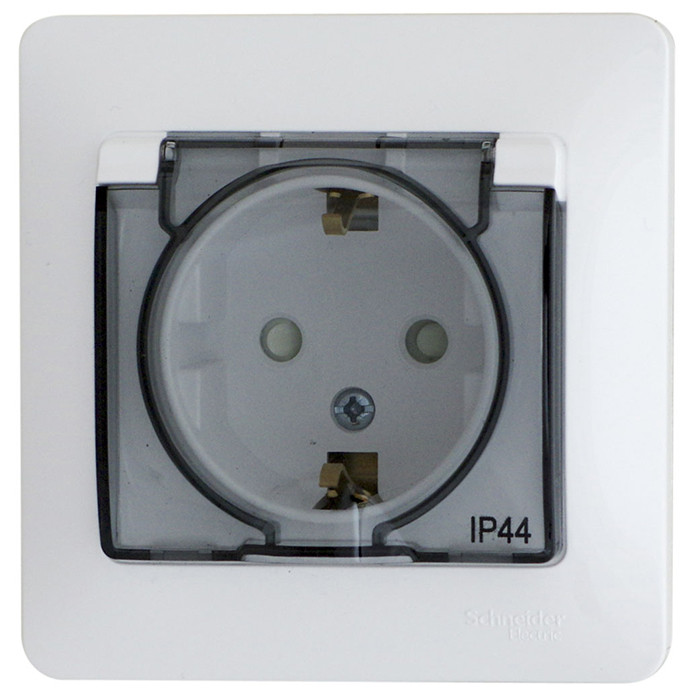 Розетка Schneider Electric Glossa GSL000148 одноместная с заземлением и защитными шторками с крышкой белая