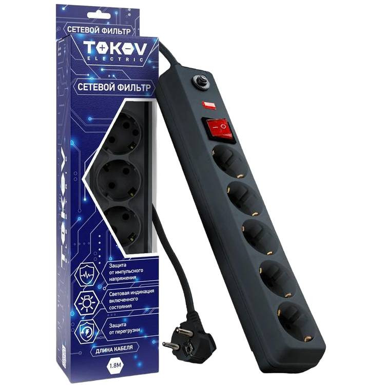 Удлинитель с сетевым фильтром Tokov Electric TKE-C06-SF5-1.8-ZV 1,8 м 5 розеток с заземлением и выключателем серый