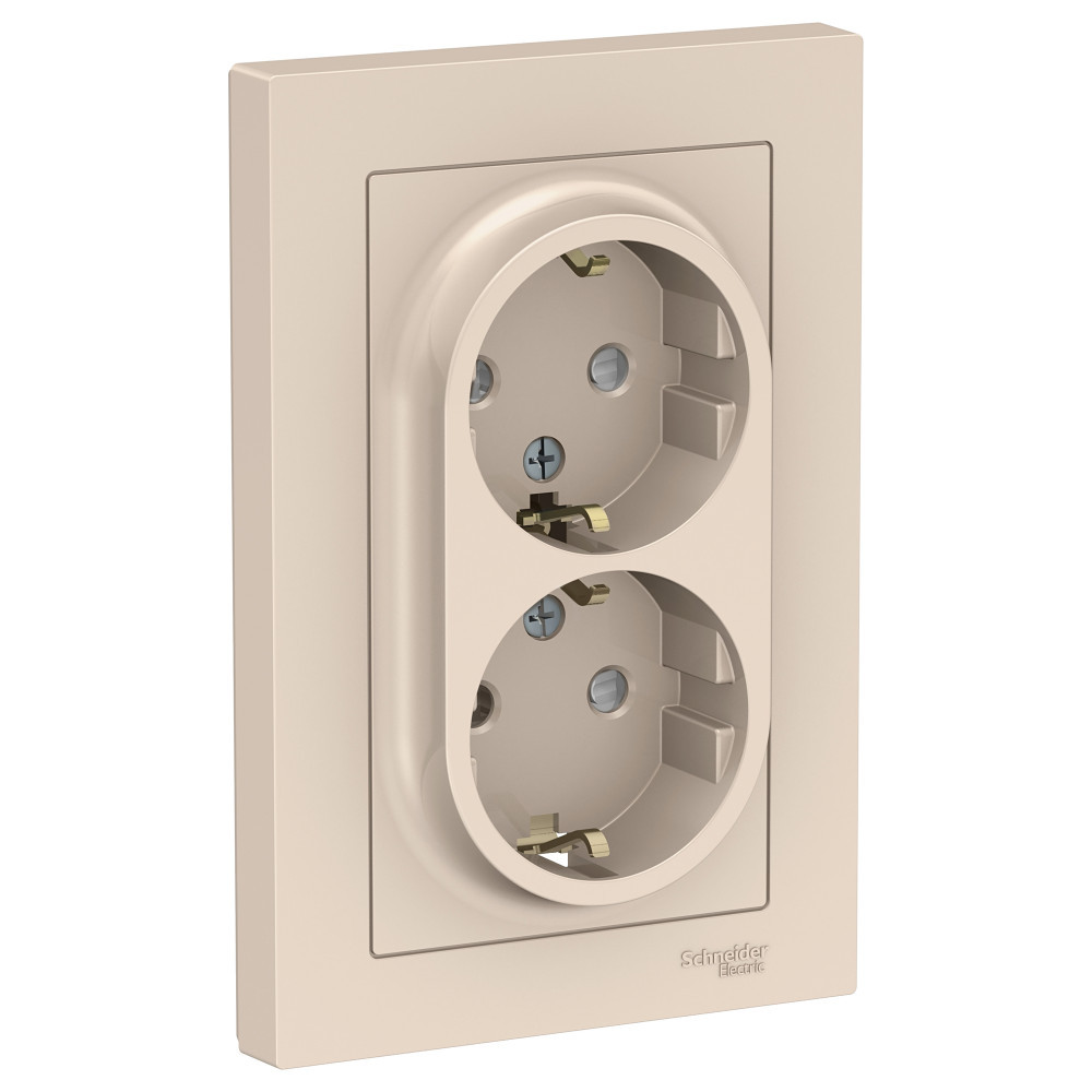 Розетка Schneider Electric AtlasDesign ATN000226 двухместная с заземлением и защитными шторками бежевая