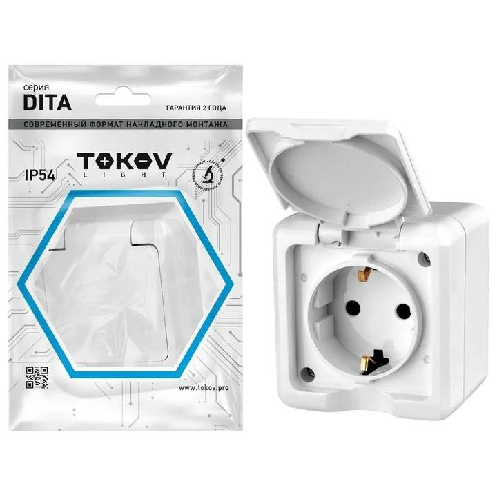 Розетка одноместная Tokov Electric ОП Dita TKL-DT-R1Z-C01-IP54 с заземлением с крышкой белая 16А IP54 250В