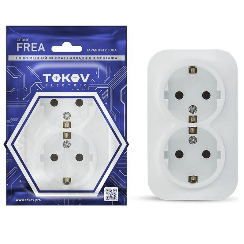 Розетка двухместная Tokov Electric Frea TKE-FR-R2Z-C01 ОП 16А IP20 250В с заземлением белая