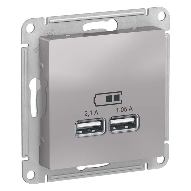 Механизм USB розетки Schneider Electric AtlasDesign ATN000333 двойной алюминий