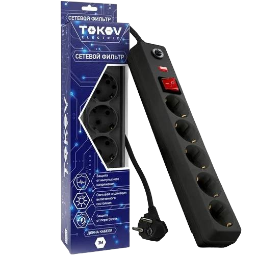 Удлинитель с сетевым фильтром Tokov Electric TKE-C05-SF5-1.8-ZV 1,8 м 5 розеток с заземлением и выключателем черный