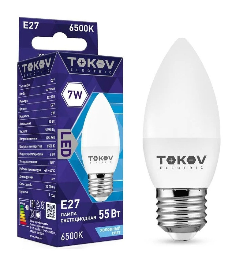 Лампа светодиодная Tokov Electric TKE-C37-E27-7-6.5K 7Вт С37 6500К Е27 176-264В