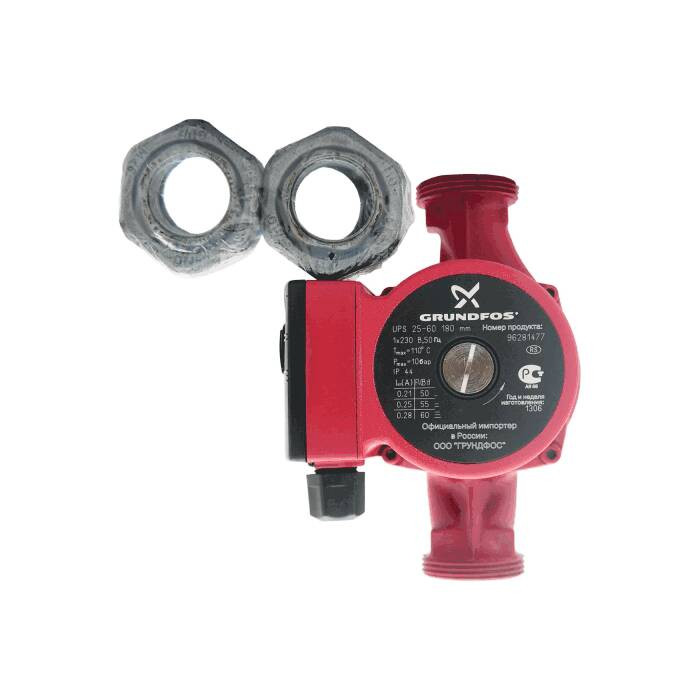 Насос циркуляционный с мокрым ротором UPS 25-60 PN10 1х230В/50 Гц в/к с гайками Grundfos 96281477