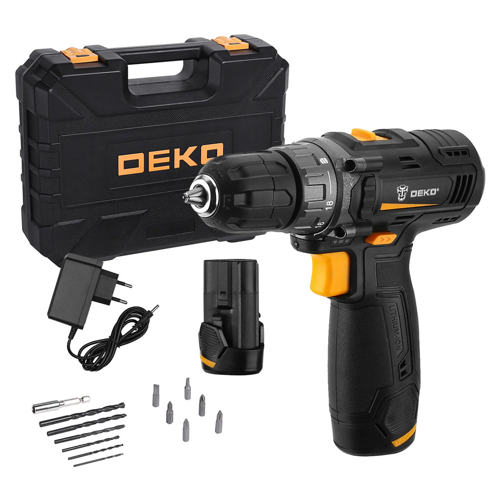 Дрель-шуруповерт Deko GCD12DU3 Set 3 аккумуляторная 2х1,5 Ач в кейсе с оснасткой 13 шт