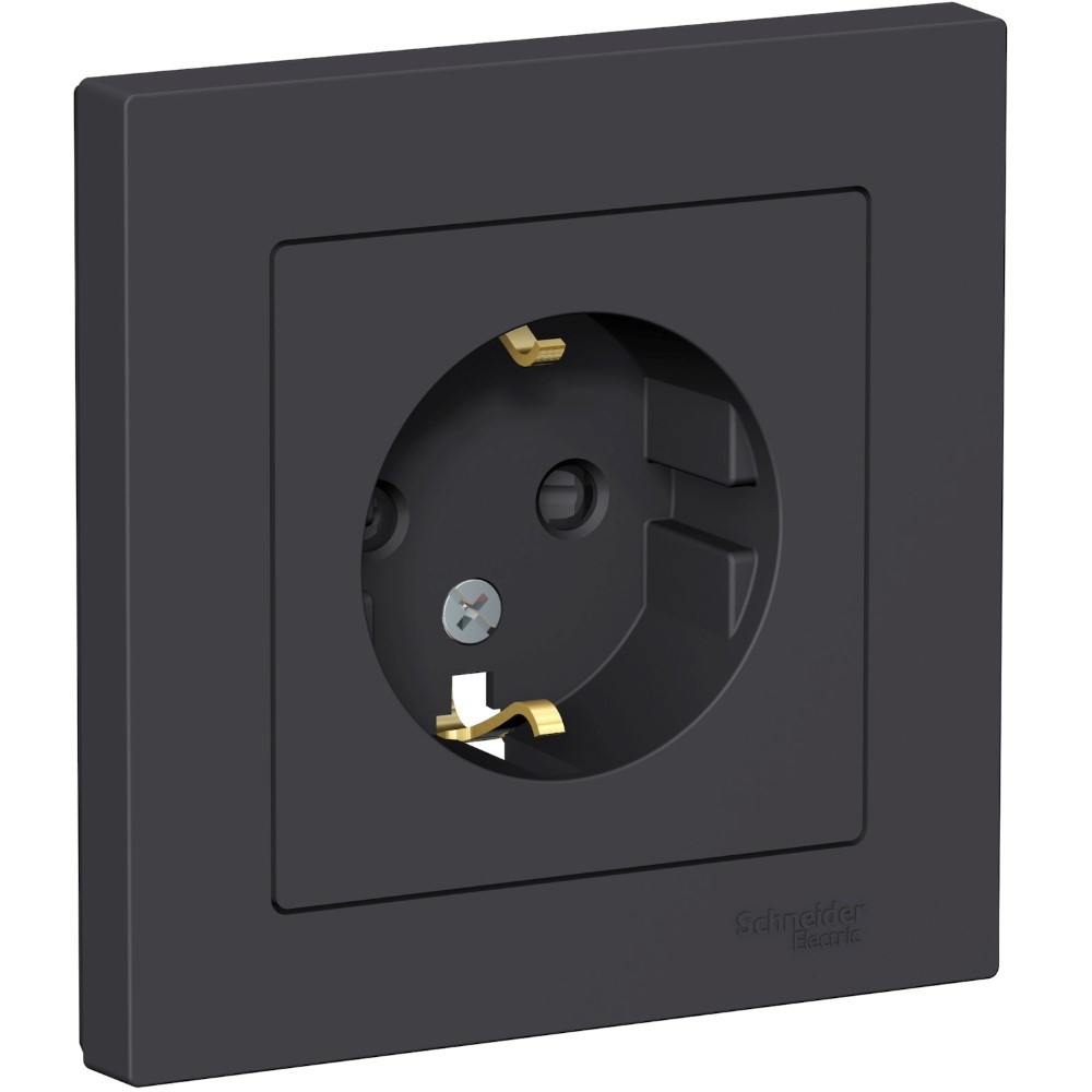 Розетка Schneider Electric AtlasDesign ATN001044 одноместная с заземлением и защитными шторками карбон