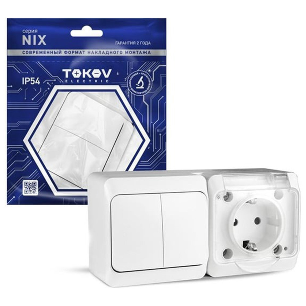 Блок розетки с выключателем Tokov Electric Nix TKE-NX-V2RZ-C01T-IP54 двухклавишный белый