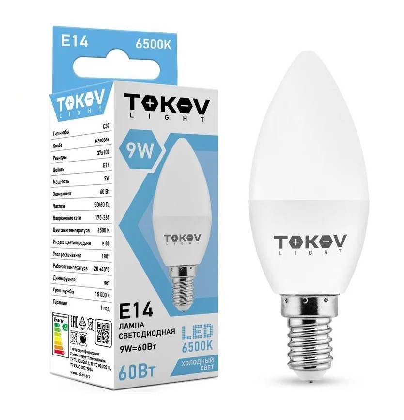 Лампа светодиодная Tokov Electric TKL-C37-E14-9-6.5K 9Вт С37 6500К Е14 176-264В