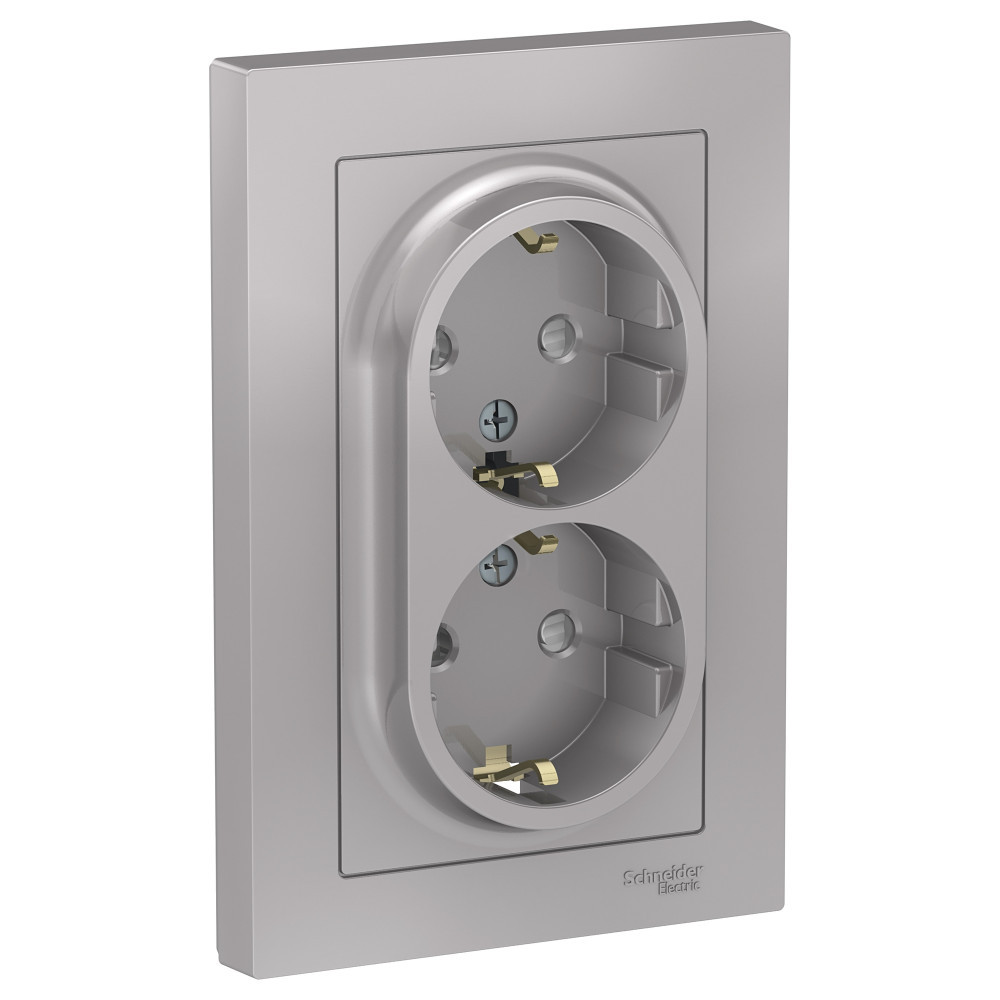 Розетка Schneider Electric AtlasDesign ATN000326 двухместная с заземлением и защитными шторками алюминий