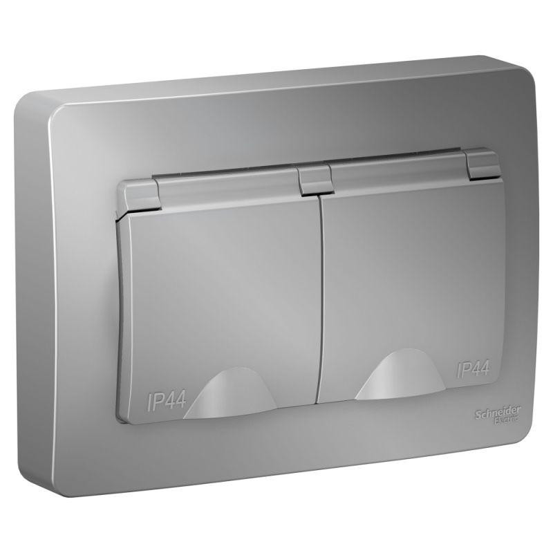 Розетка Schneider Electric Blanca BLNRS441123 двухместная с заземлением и защитными шторками с крышками алюминий