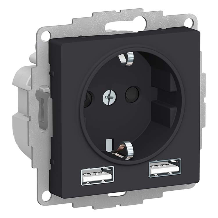 Механизм розетки Schneider Electric AtlasDesign ATN001030 одноместный с заземлением и USB разъемами карбон