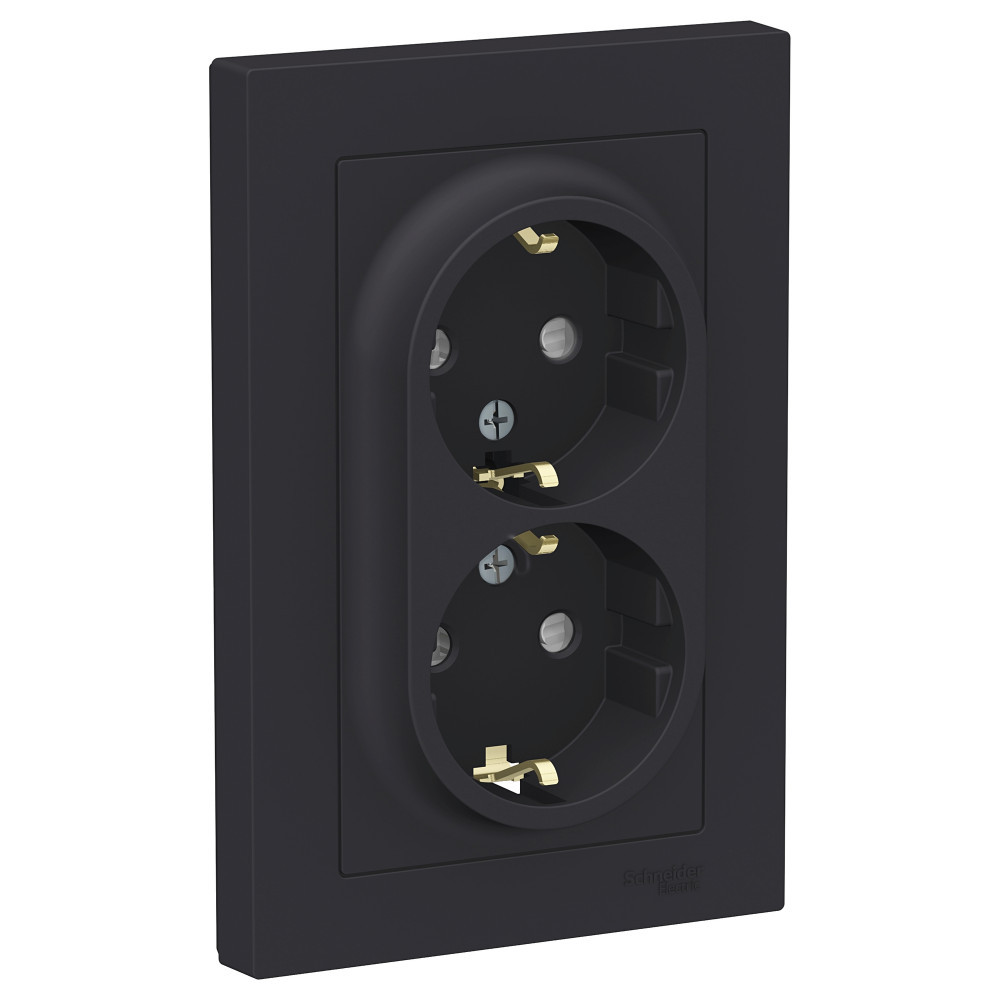 Розетка Schneider Electric AtlasDesign ATN001026 двухместная с заземлением и защитными шторками карбон