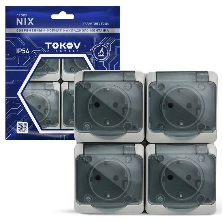 Розетка четырехместная Tokov Electric ОП Nix TKE-NX-R4Z-C06T-IP54 с заземлением с прозрачной крышкой серая 16А IP54 250В