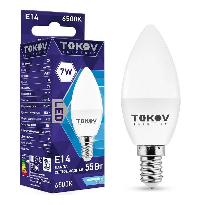 Лампа светодиодная Tokov Electric TKE-C37-E14-7-6.5K 7Вт С37 6500К Е14 176-264В