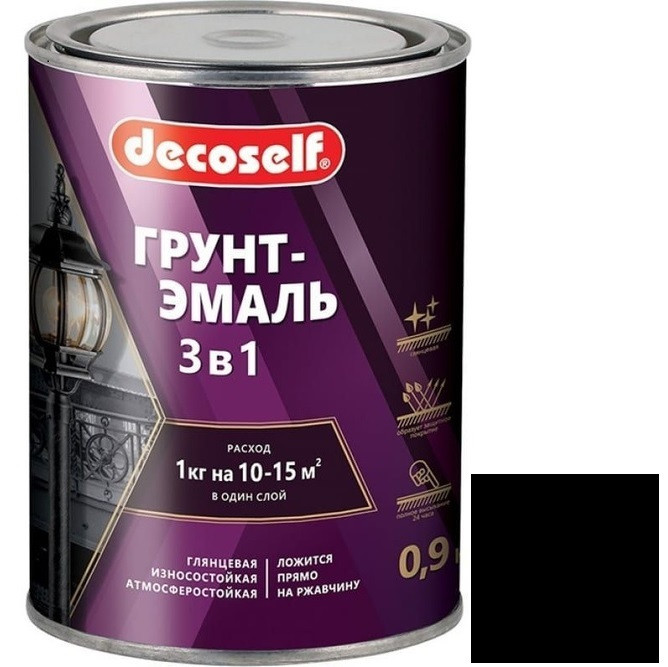 Грунт-эмаль Pufas Decoself 3 в 1 матовая черная 0,9 кг