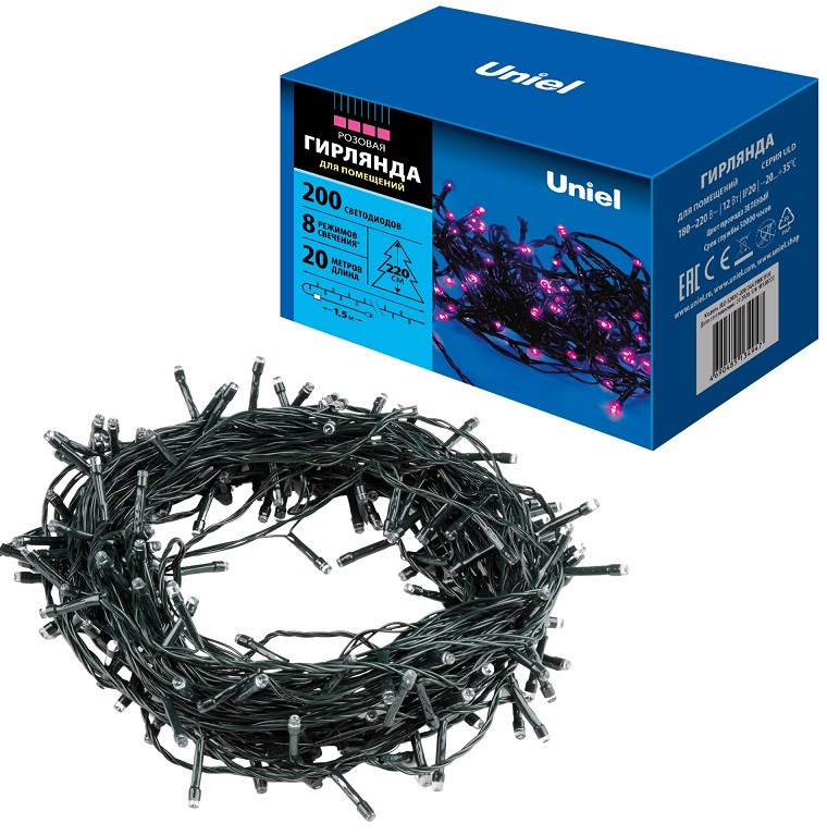 Гирлянда светодиодная Uniel UL-00007310 ULD-S2000-200/DGA IP20 Pink 20 м