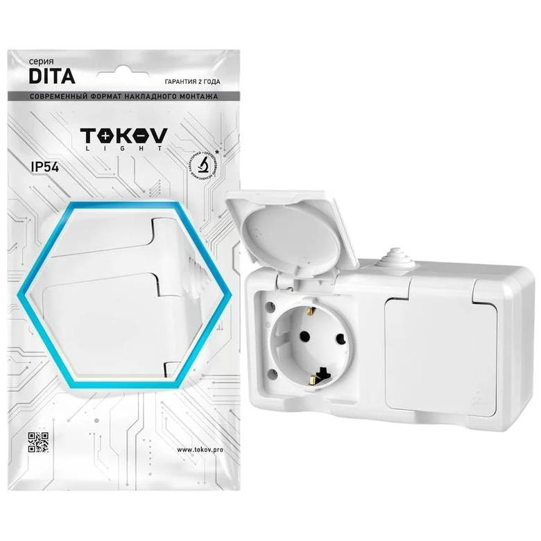 Розетка двухместная Tokov Electric ОП Dita TKL-DT-R2Z-C01-IP54 с заземлением с крышкой белая 16А IP54 250В
