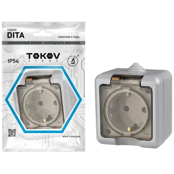 Розетка одноместная Tokov Electric ОП Dita TKL-DT-R1Z-C06-IP54 с заземлением с крышкой серая 16А IP54 250В