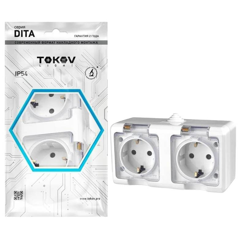 Розетка двухместная Tokov Electric ОП Dita TKL-DT-R2Z-C01T-IP54 с заземлением с прозрачной крышкой белая 16А IP54 250В