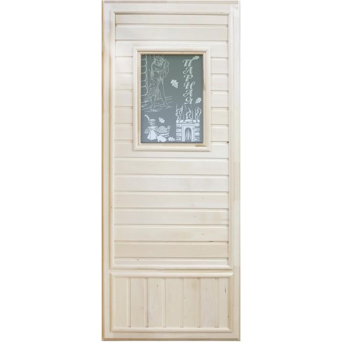 Дверь для бани Doorwood DW06 Девушка в баньке вагонка эконом со стеклом 750х1850 мм